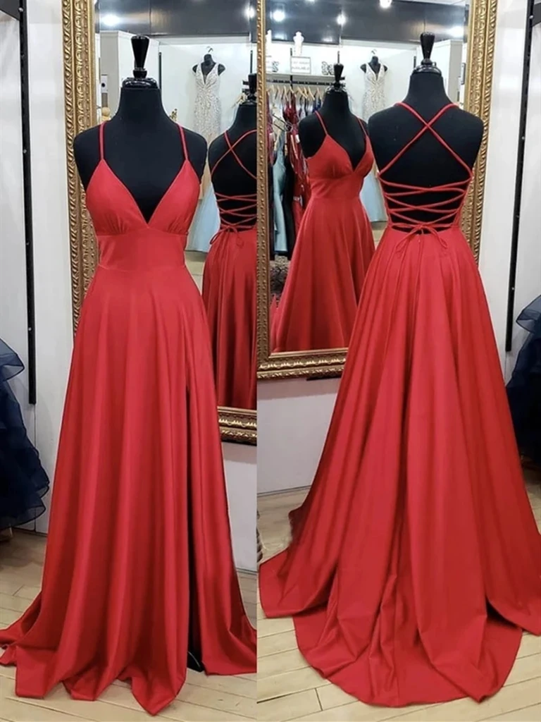V Neck Red Backless Long Prom Dresses ...